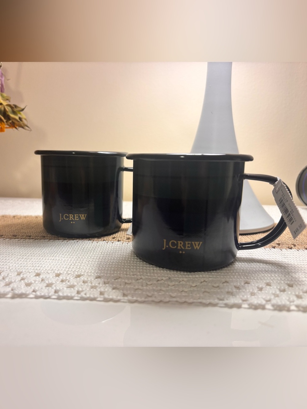 J. Crew Green And Navy Plaid Enamel Camp Mugs